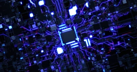 Computer Chip Processors Transmitting Data. Glowing Lines. Stock Footage 235235161