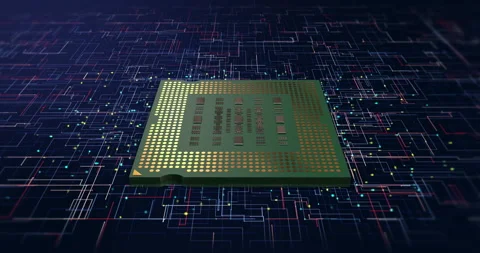 Computer Chip Processors Transmitting Data. Glowing Lines. 動画素材 235790876