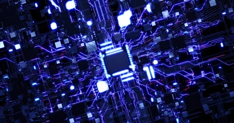 Computer Chip Processors Transmitting Digital Data with Glowing Lines. Stock Footage 306320763