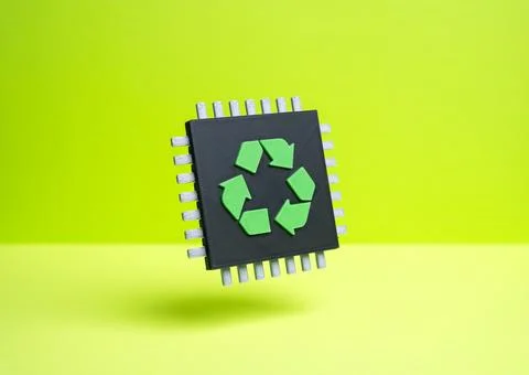 Computer chip with a recycling symbol. Improving the environment through hi.. Illustrazione stock