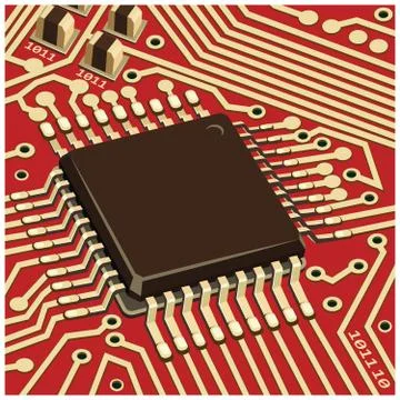 Computer Chip On The Red Board Close Up Stock Illustration