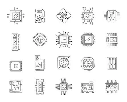 Computer chip set in outline line art Stock Illustration