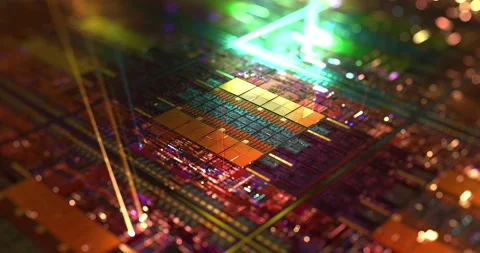 Computer chip on silicon wafer with shining lights. Stock Footage 149328727