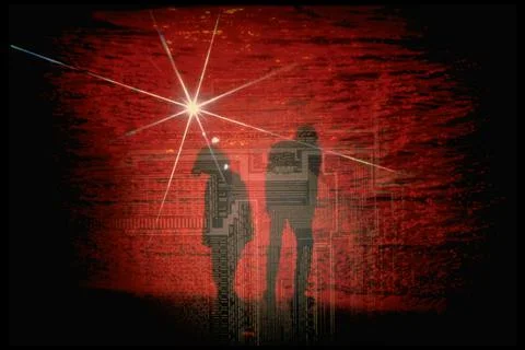Computer chip, star filter graphics image superimposed on pair of boys . Stock Photos