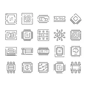 Computer chip technology components icons set Stock Illustration