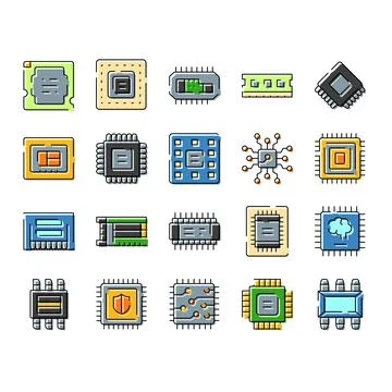 Computer chip technology icons representing electronic hardware components Stock Illustration
