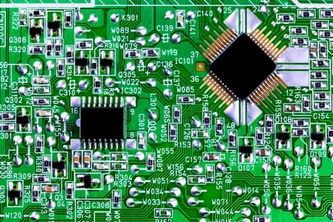 Computer chips and circuit board close up Stock Photos