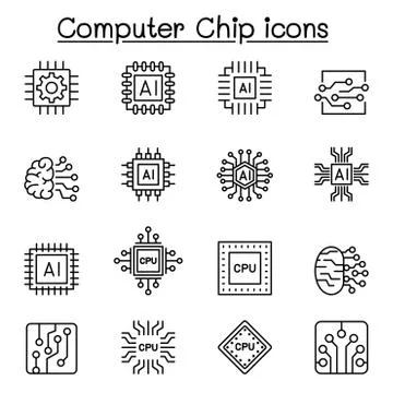Computer Chips and Electronic Circuit icons in thin line style Stock Illustration