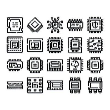 Computer chips and electronic components icon set Stock Illustration