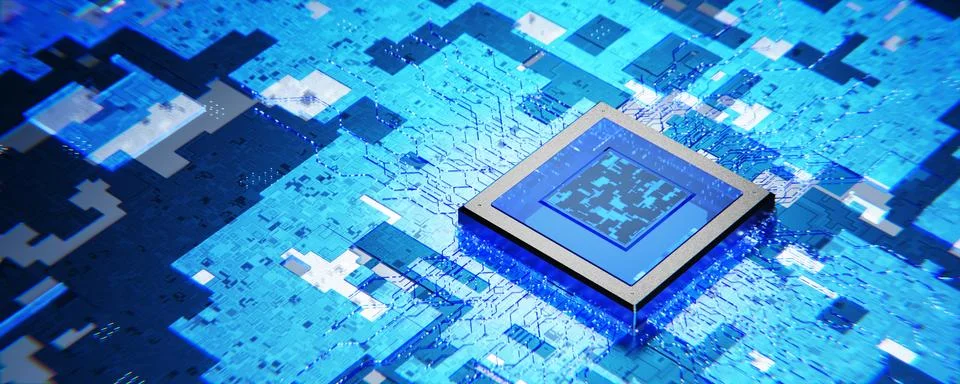 Computer chips and processors on electronic boards. Abstract microelectroni.. Illustrazione stock