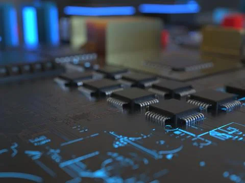 Computer chips close up. 3D render on the topic of technologies and large cal Stock Photos