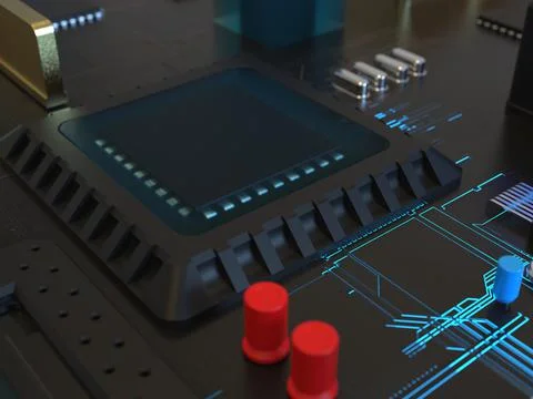 Computer chips close up. 3D render on the topic of technologies and large cal Stock-Fotos