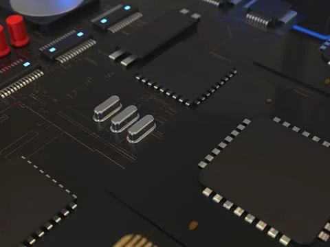 Computer chips close up. 3D render on the topic of technologies and large cal Stock-Fotos