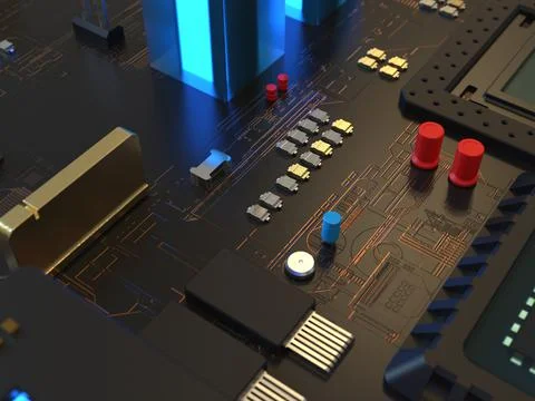 Computer chips close up. 3D render on the topic of technologies and large cal 写真素材