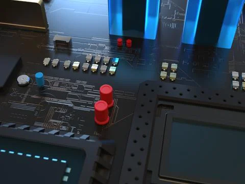 Computer chips close up. 3D render on the topic of technologies and large cal 写真素材