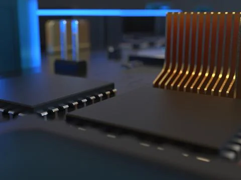 Computer chips close up. 3D render on the topic of technologies and large cal 写真素材