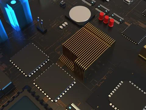 Computer chips close up. 3D render on the topic of technologies and large cal 写真素材