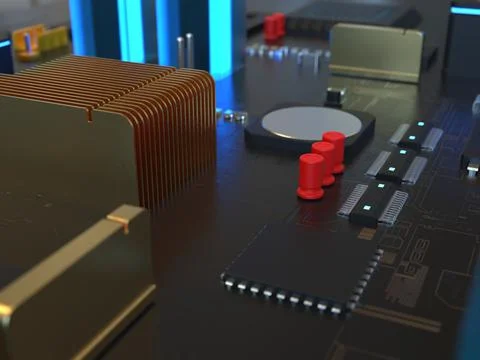 Computer chips close up. 3D render on the topic of technologies and large cal 写真素材