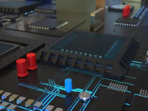 Computer chips close up. 3D render on the topic of technologies and large cal 写真素材