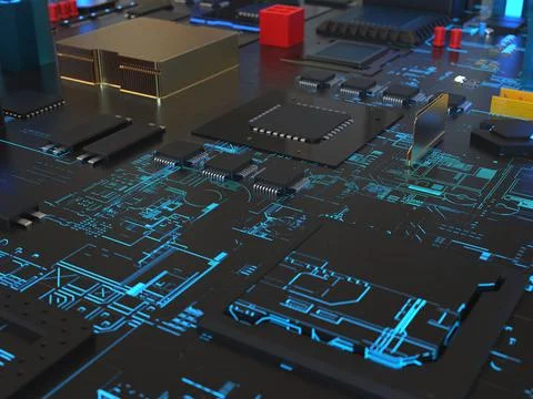 Computer chips close up. 3D render on the topic of technologies and large cal 写真素材