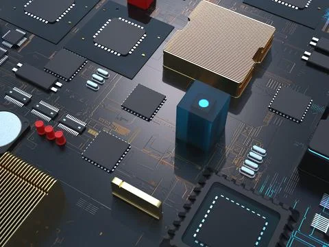 Computer chips close up. 3D render on the topic of technologies and large cal 写真素材