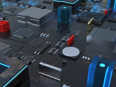 Computer chips close up. 3D render on the topic of technologies and large cal 写真素材