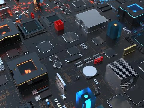 Computer chips close up. 3D render on the topic of technologies and large cal 写真素材