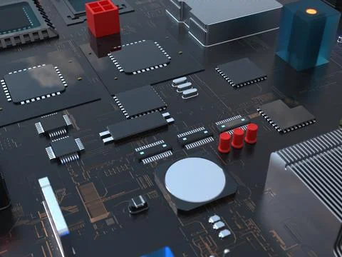 Computer chips close up. 3D render on the topic of technologies and large cal 写真素材