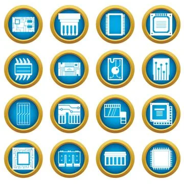 Computer chips icons blue circle set Stock Illustration
