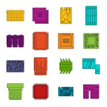 Computer chips icons doodle set Stock Illustration