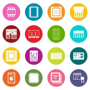 Computer chips icons many colors set Stock Illustration