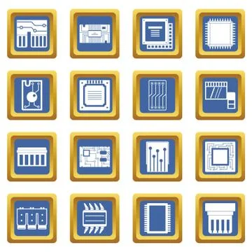 Computer chips icons set blue Stock Illustration