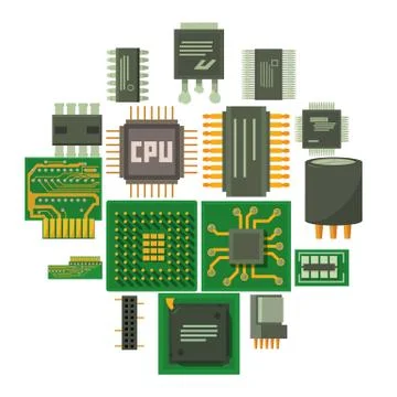 Computer chips icons set, cartoon style Stock Illustration