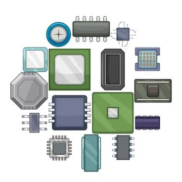 Computer chips icons set, cartoon style Stock Illustration