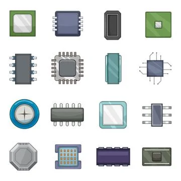 Computer chips icons set, cartoon style Illustrazione stock