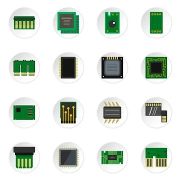 Computer chips icons set in flat style Illustrazione stock
