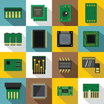 Computer chips icons set, flat style Illustrazione stock