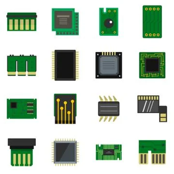 Computer chips icons set in flat style Illustrazione stock