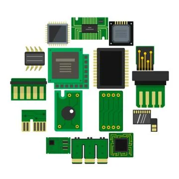 Computer chips icons set in flat style Illustrazione stock