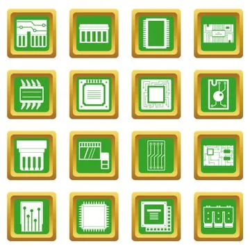 Computer chips icons set green Stock Illustration