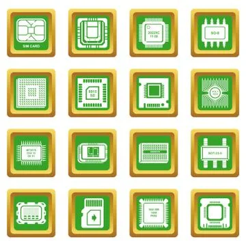 Computer chips icons set green square Stock Illustration