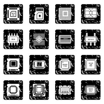 Computer chips icons set grunge Stock Illustration
