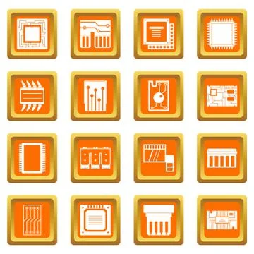 Computer chips icons set orange Stock Illustration