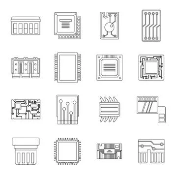 Computer chips icons set, outline style Illustrazione stock