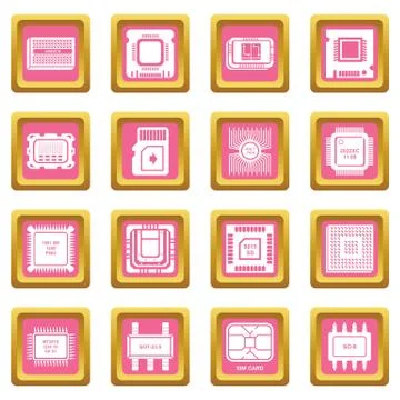 Computer chips icons set pink square vector Stockillustratie