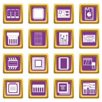 Computer chips icons set purple Illustrazione stock