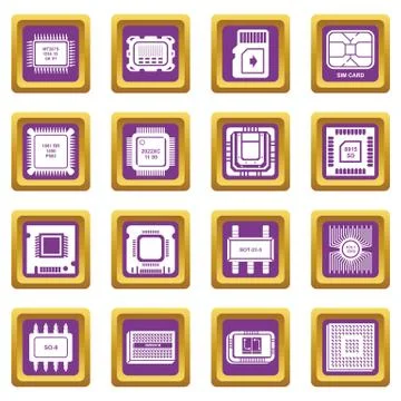 Computer chips icons set purple square vector Stock Illustration