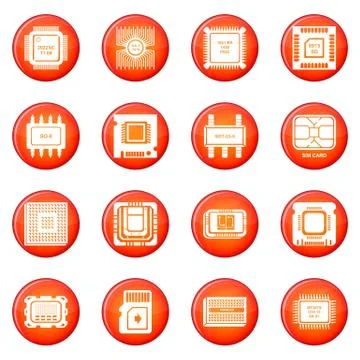 Computer chips icons set red vector Illustrazione stock