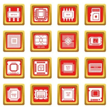 Computer chips icons set red square vector Stock Illustration