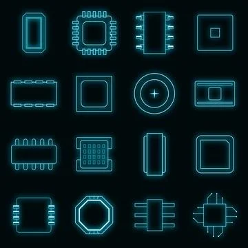 Computer chips icons set vector neon Stockillustratie